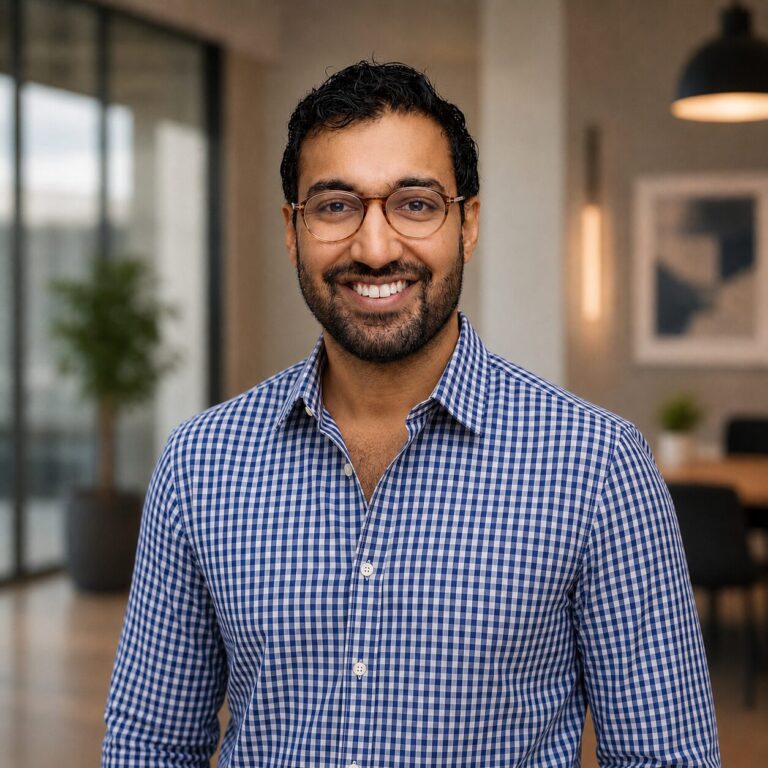 Man with glasses and a beard, smiling, standing near a glass office wall with a potted plant in the background