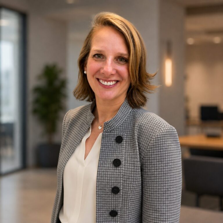 Woman with shoulder-length hair in a houndstooth jacket, standing near a window with an office workspace in the background