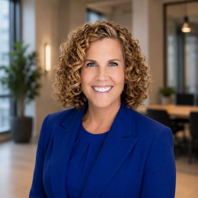 Woman with curly hair in a blue blazer, smiling, standing in an open office area near a conference table
