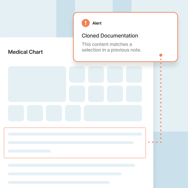 Medical chart interface with a highlighted note section and an alert stating that the content matches a selection in a previous note.