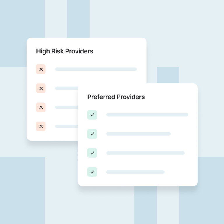 Overlapping panels compare high-risk providers, marked with orange X icons, with preferred providers, marked with green check icons.