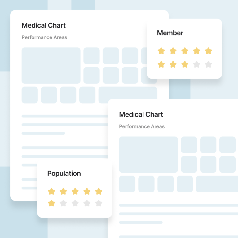 Two medical chart interfaces with performance-area ratings. The member receives 8 of 10 stars, while the population receives 6 of 10 stars.