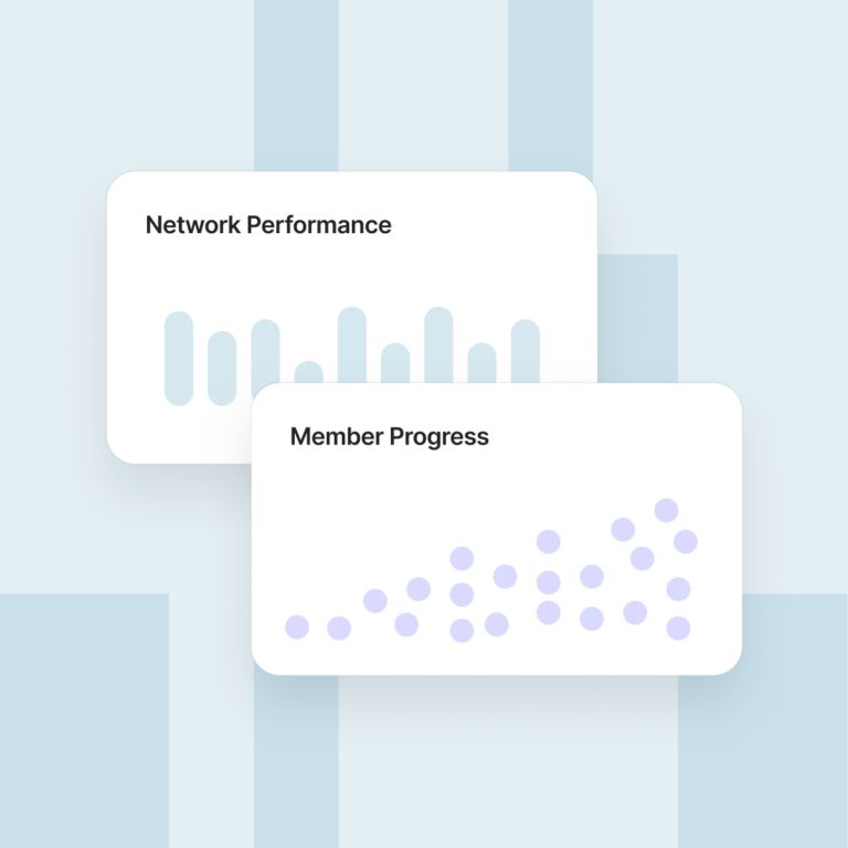Overlapping dashboard cards show a bar chart for network performance and a dot chart indicating generally increasing member progress.