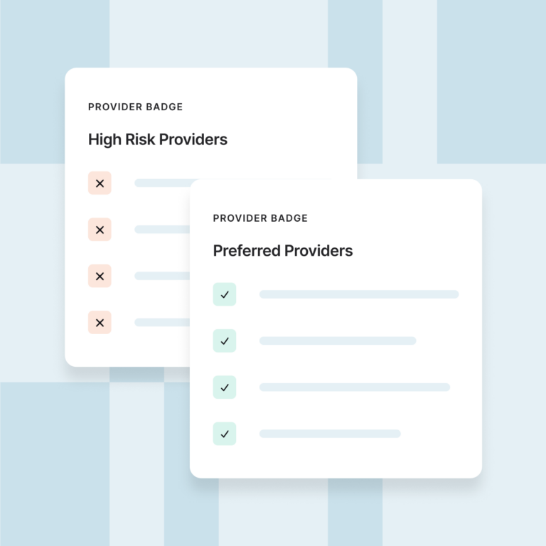 Two overlapping provider lists compare high-risk providers, marked with orange X icons, and preferred providers, marked with green check icons.