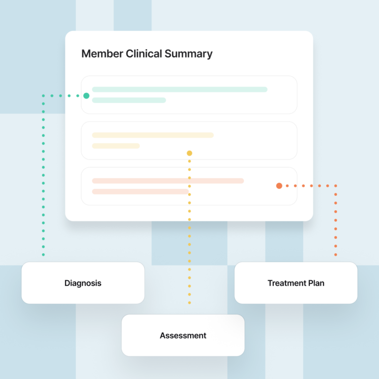 "Member Clinical Summary" card with color-coded text blocks linked by dotted lines to three labeled categories: Diagnosis, Assessment, and Treatment Plan