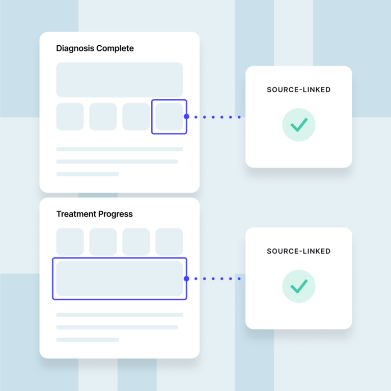 Diagnosis and treatment progress sections highlighted and connected to verified “Source-Linked” checkmarks.