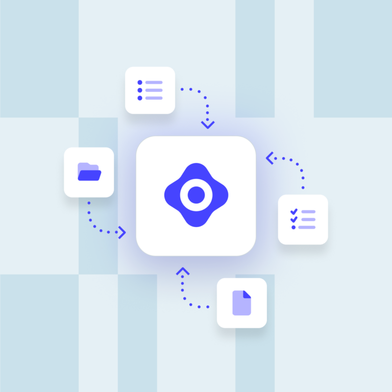 Central Onos platform icon receiving information from folders, documents, lists, and checklists through dotted arrows.